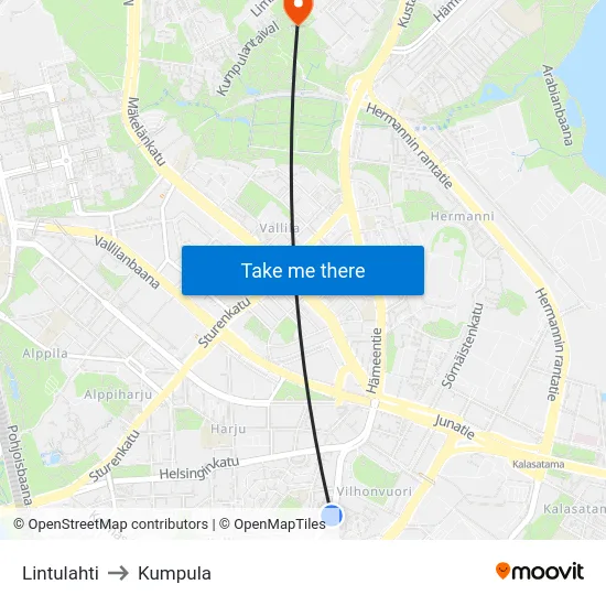 Lintulahti to Kumpula map