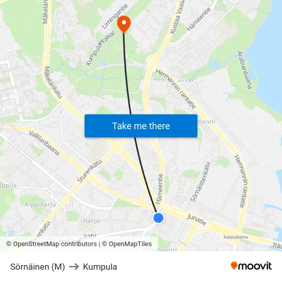 Sörnäinen (M) to Kumpula map