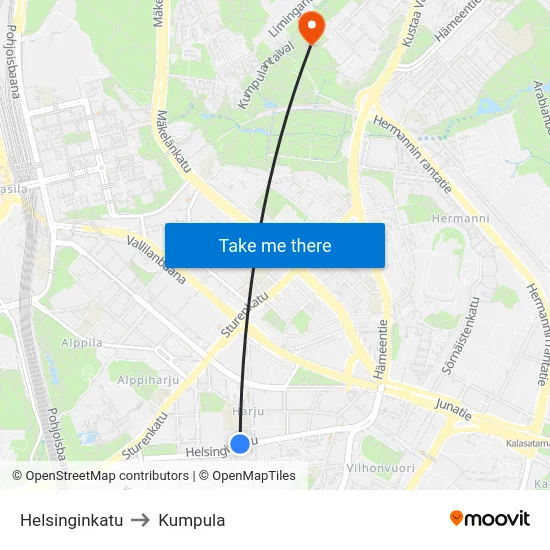 Helsinginkatu to Kumpula map