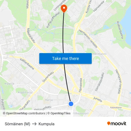 Sörnäinen (M) to Kumpula map