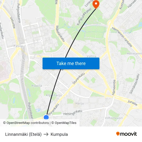 Linnanmäki (Etelä) to Kumpula map