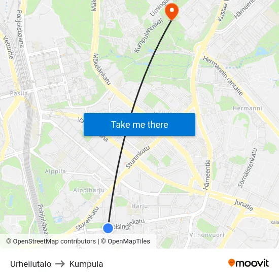 Urheilutalo to Kumpula map