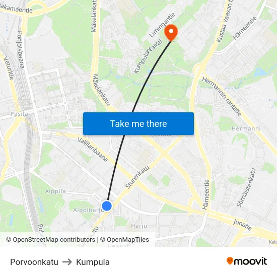 Porvoonkatu to Kumpula map