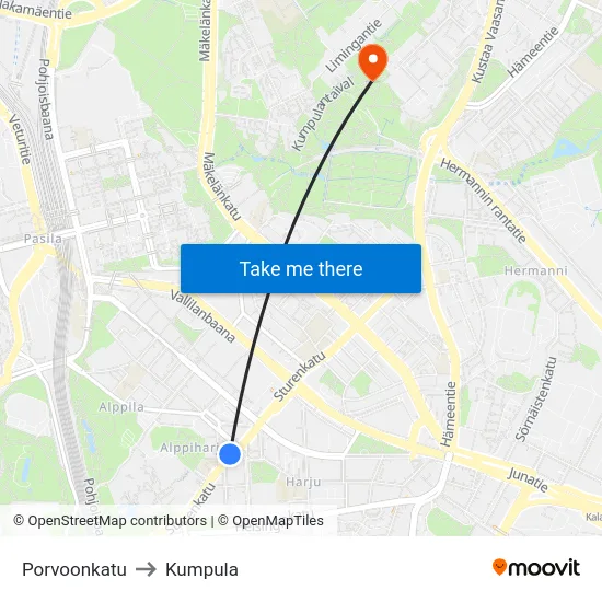 Porvoonkatu to Kumpula map