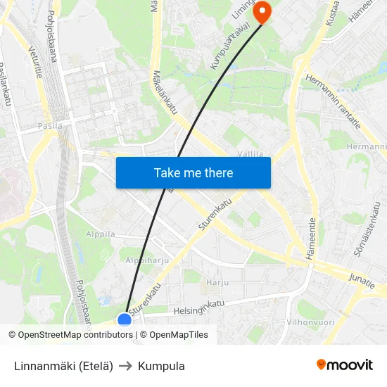 Linnanmaki (South) to Kumpula map