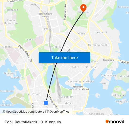Pohj. Rautatiekatu to Kumpula map