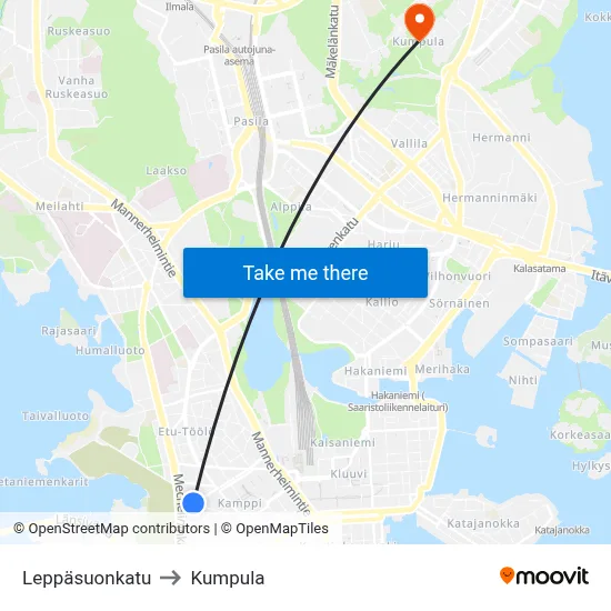 Leppäsuo Street to Kumpula map