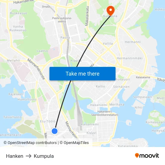Hanken to Kumpula map