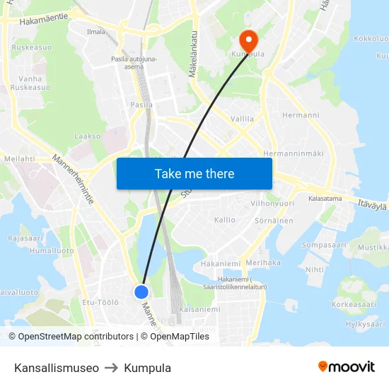 Kansallismuseo to Kumpula map