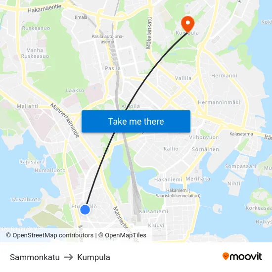 Sammonkatu to Kumpula map