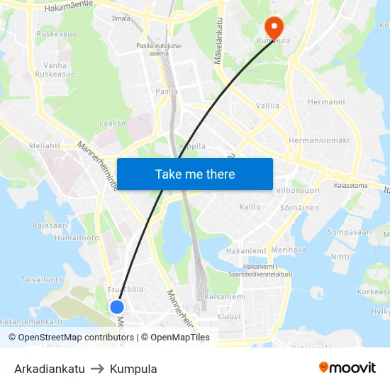 Arcadia Street to Kumpula map