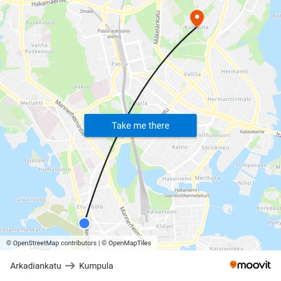 Arkadiankatu to Kumpula map