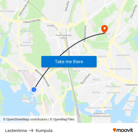 Lastenlinna to Kumpula map