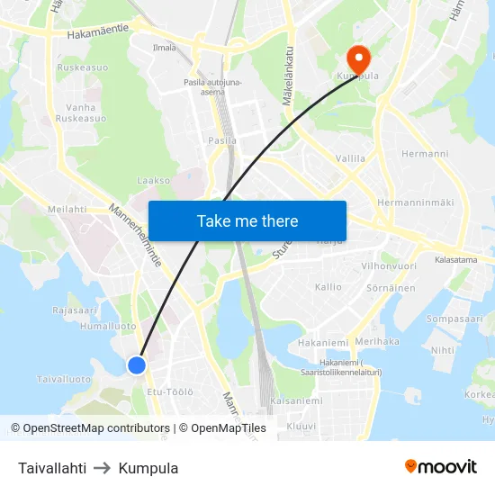 Taivallahti to Kumpula map