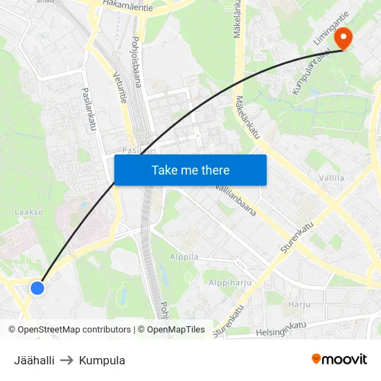 Jäähalli to Kumpula map