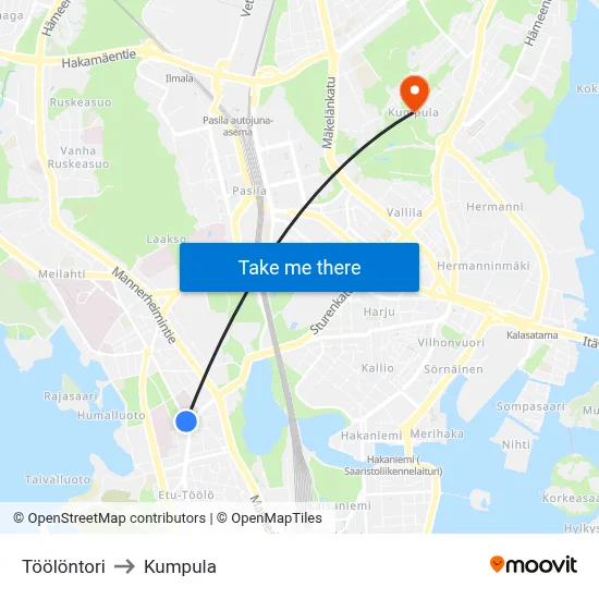 Töölö Square to Kumpula map