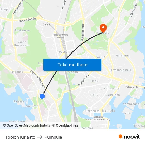 Töölö Library to Kumpula map