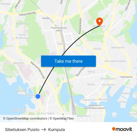 Sibeliuksen Puisto to Kumpula map