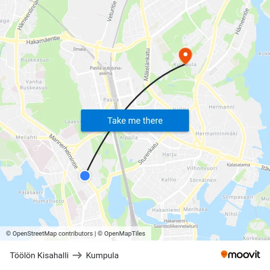 Töölön Kisahalli to Kumpula map