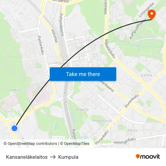 Social Insurance Institution to Kumpula map
