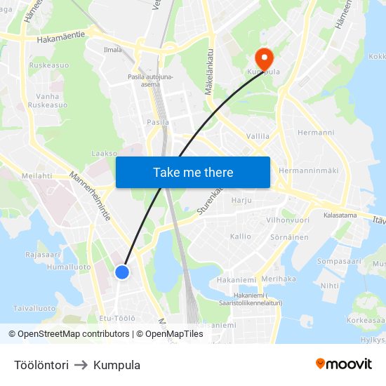 Töölöntori to Kumpula map