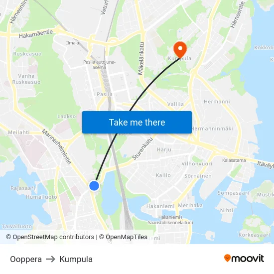 Ooppera to Kumpula map