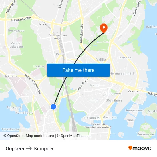 Ooppera to Kumpula map