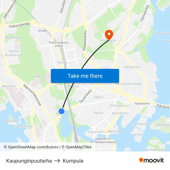 Kaupunginpuutarha to Kumpula map