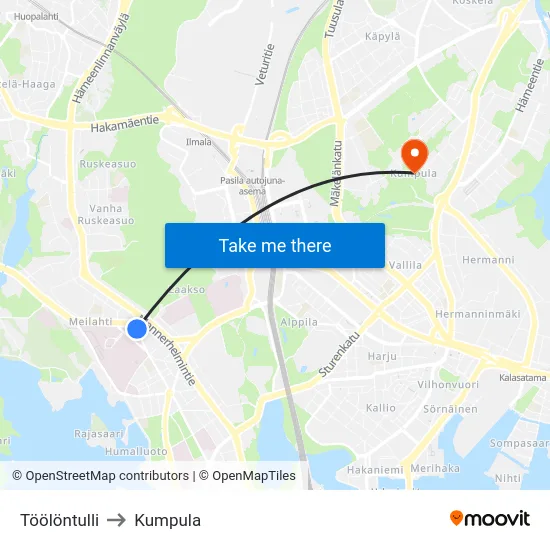 Töölöntulli to Kumpula map