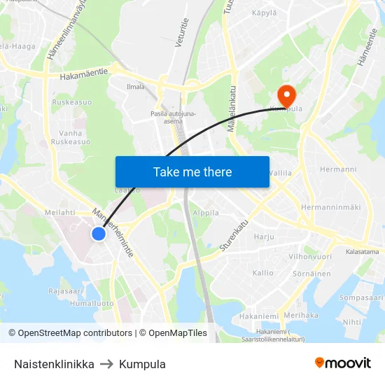 Naistenklinikka to Kumpula map