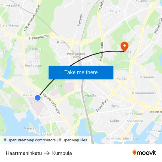 Haartmaninkatu to Kumpula map