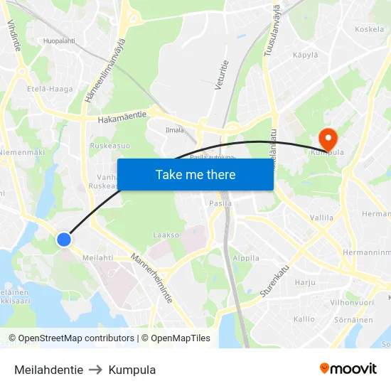 Meilahdentie to Kumpula map
