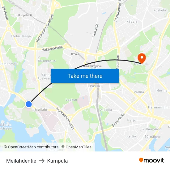 Meilahdentie to Kumpula map