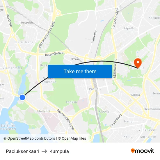 Paciuksenkaari to Kumpula map