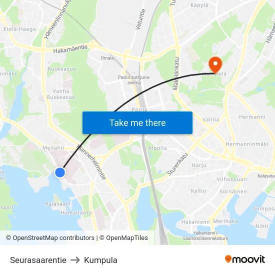 Seurasaarentie to Kumpula map