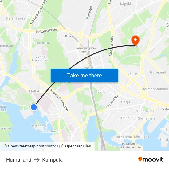 Humallahti to Kumpula map