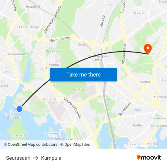 Seurasaari to Kumpula map
