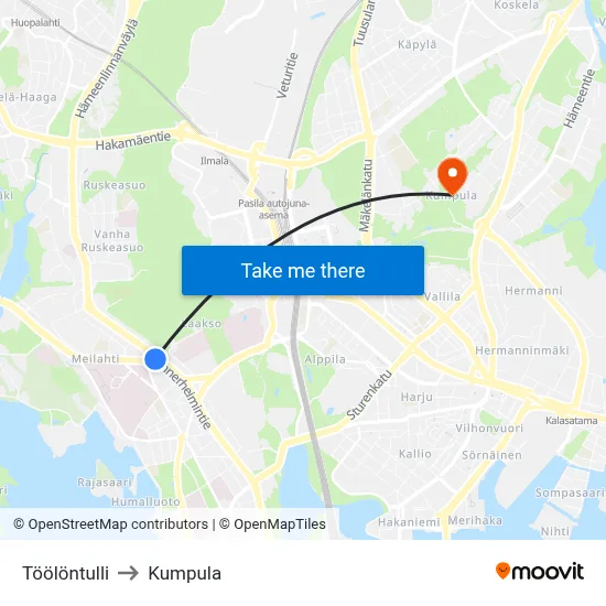 Töölö Toll to Kumpula map