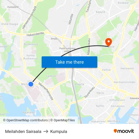 Meilahden Sairaala to Kumpula map