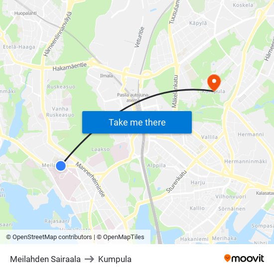 Meilahden Sairaala to Kumpula map