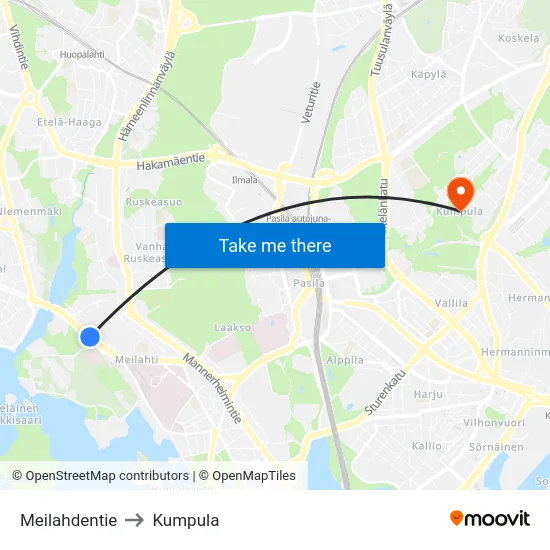 Meilahdentie to Kumpula map