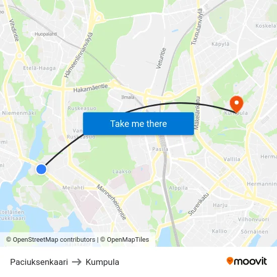Paciuksenkaari to Kumpula map
