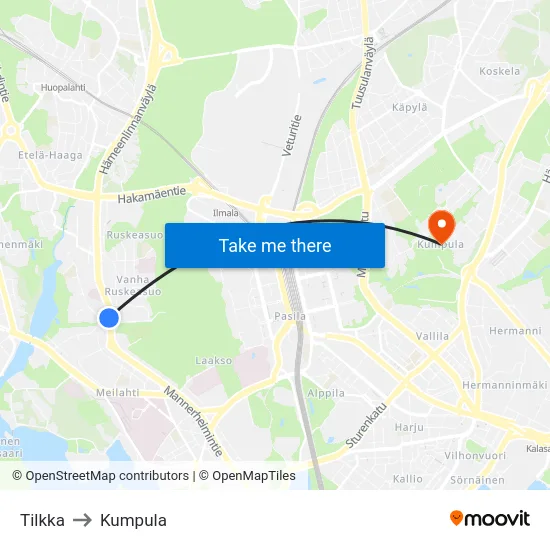 Tilkka to Kumpula map