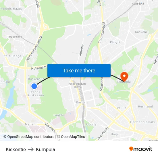Kiskontie to Kumpula map
