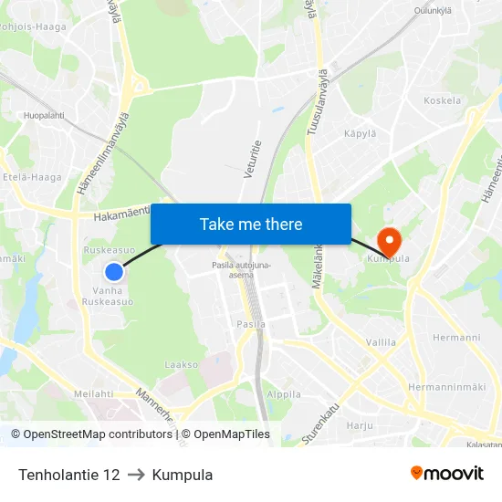Tenhola Road 12 to Kumpula map