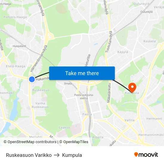 Ruskeasuo Depot to Kumpula map