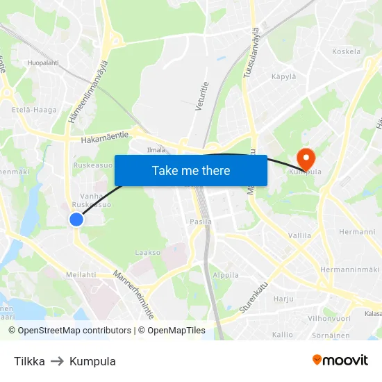 Tilkka to Kumpula map