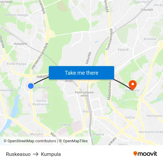 Ruskeasuo to Kumpula map