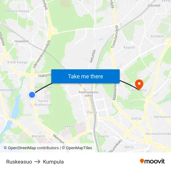 Ruskeasuo to Kumpula map