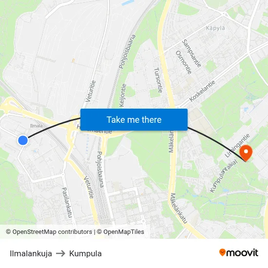 Ilmala Alley to Kumpula map